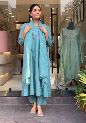 Blue Embroidered Cotton Kurta Set