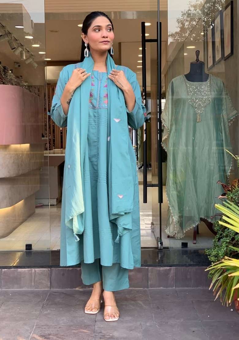 Blue Embroidered Cotton Kurta Set - Indya