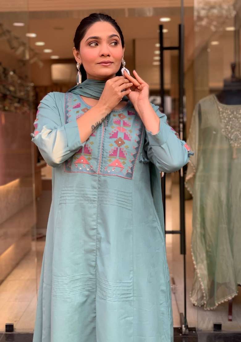 Blue Embroidered Cotton Kurta Set - Indya