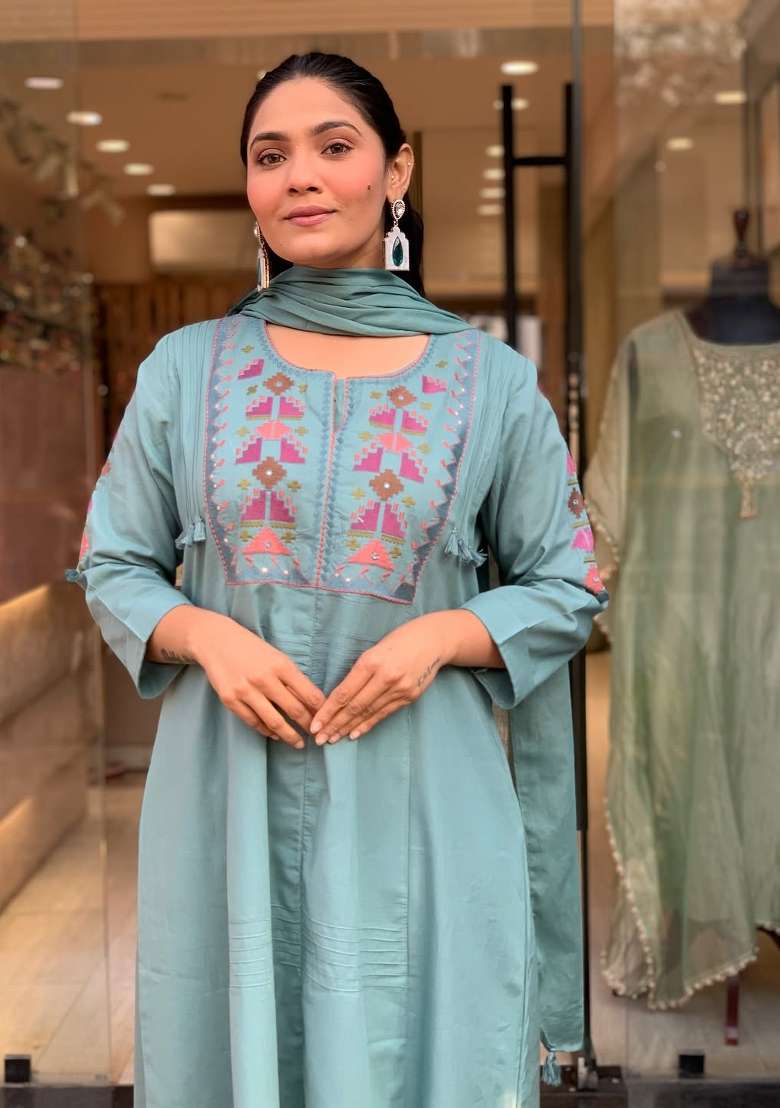 Blue Embroidered Cotton Kurta Set - Indya