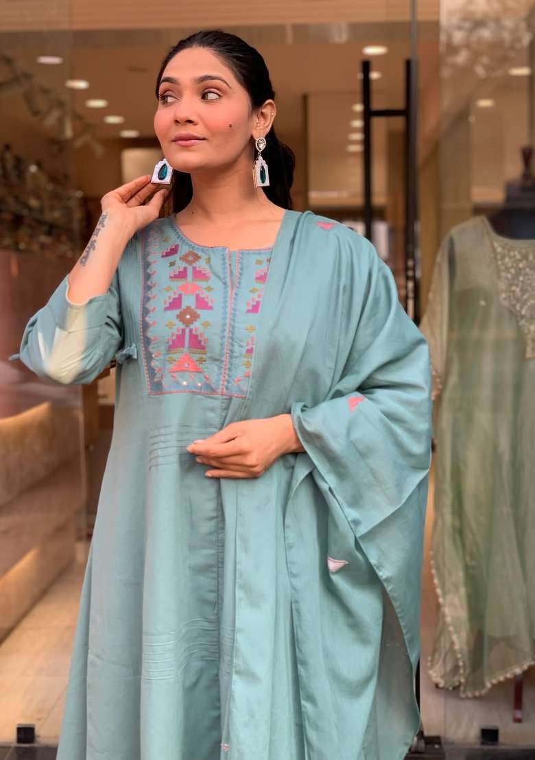 Blue Embroidered Cotton Kurta Set - Indya