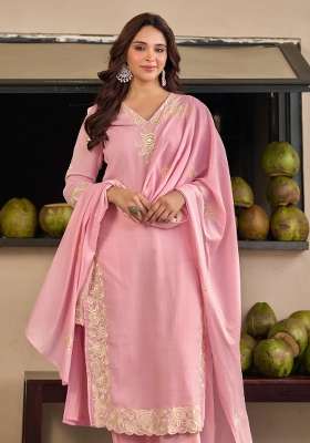 Pink Embroidered Cotton Kurta Set