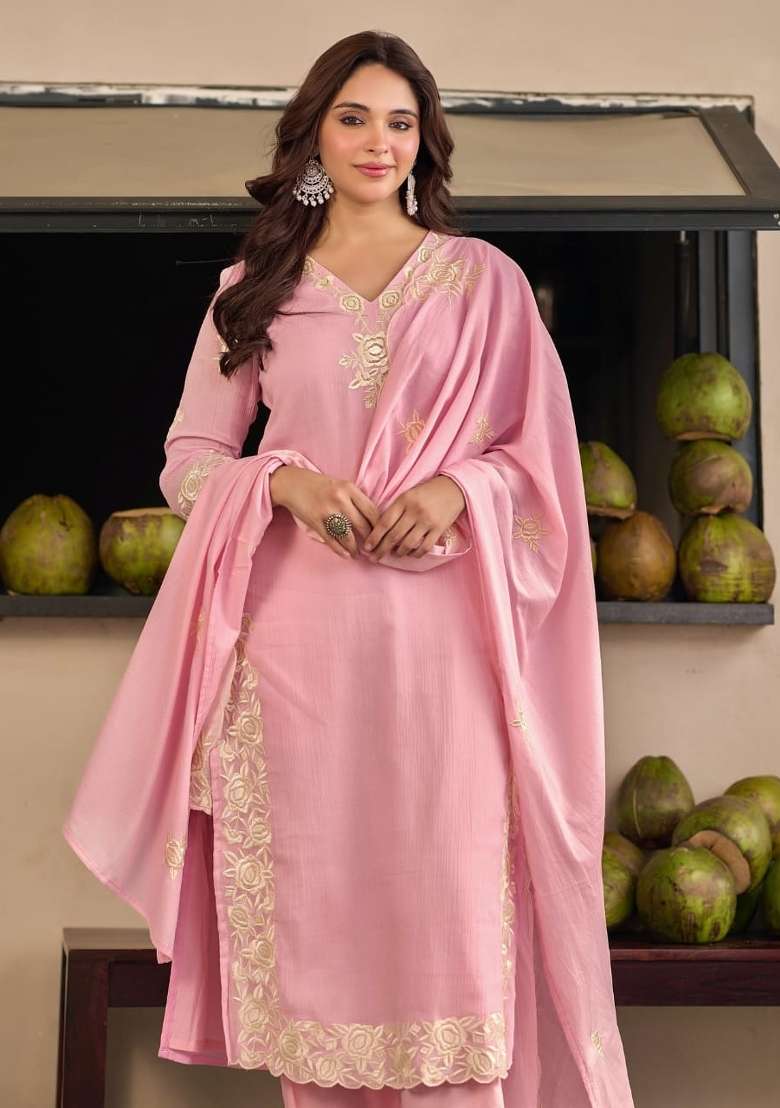 Pink Embroidered Cotton Kurta Set - Indya