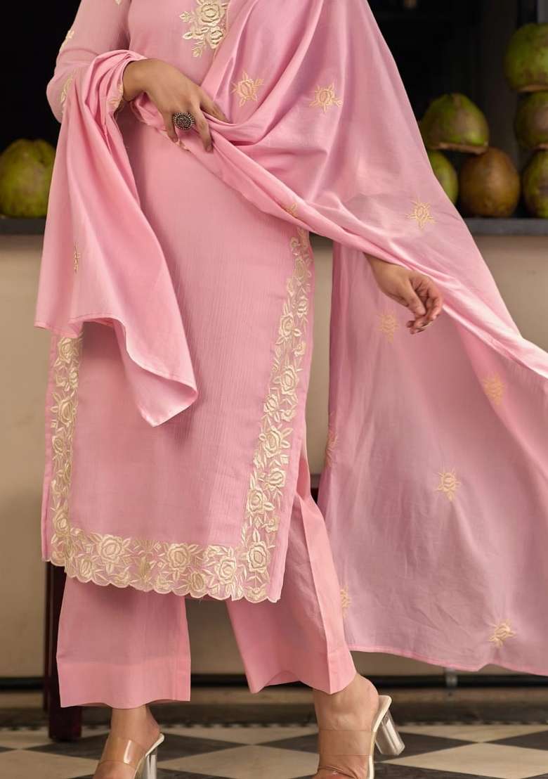 Pink Embroidered Cotton Kurta Set - Indya