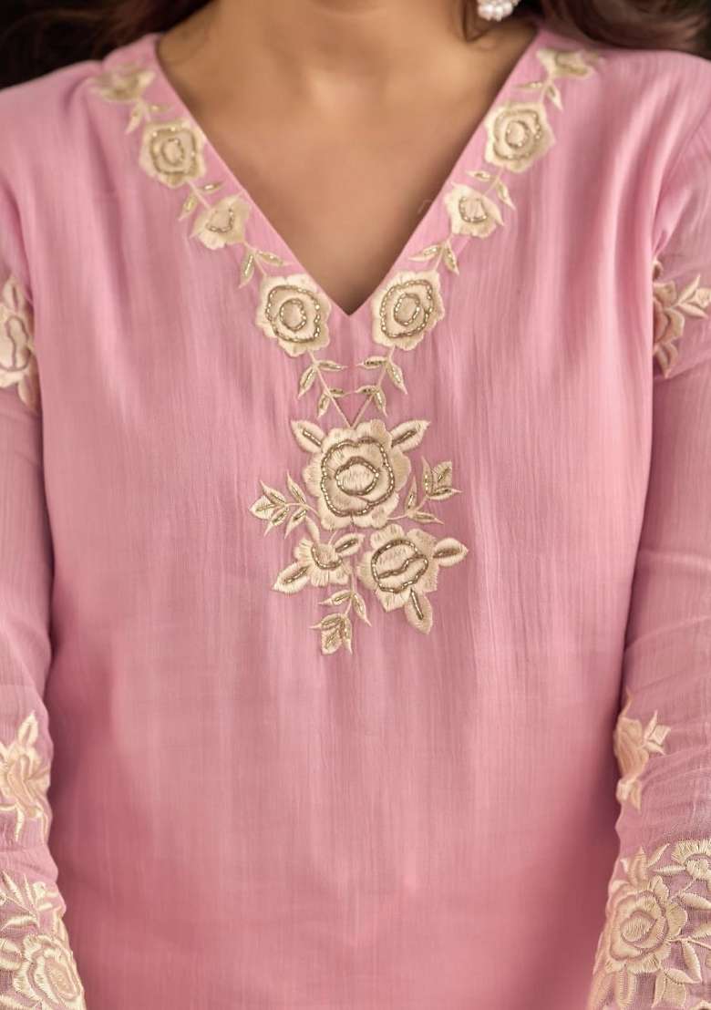 Pink Embroidered Cotton Kurta Set - Indya