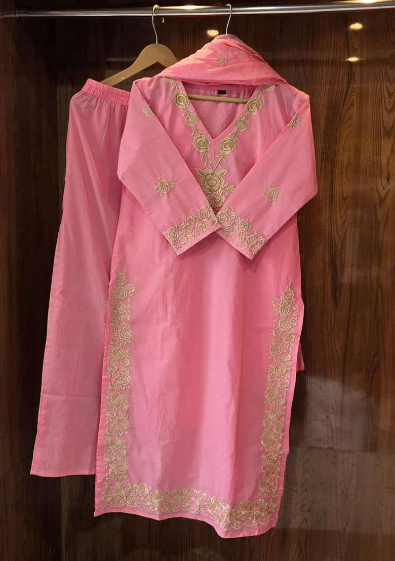 Pink Embroidered Cotton Kurta Set - Indya