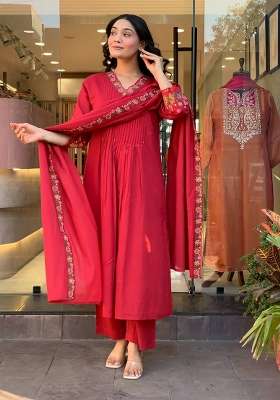 Rani Pink Embroidered Cotton Kurta Set
