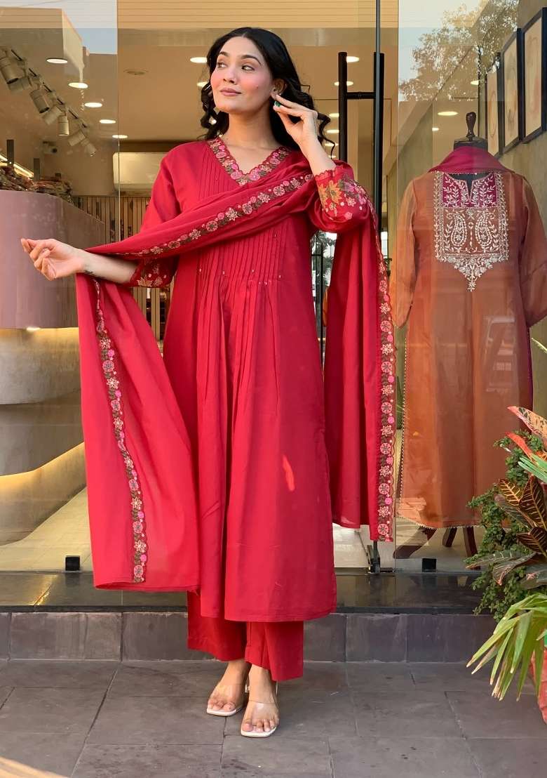 Rani Pink Embroidered Cotton Kurta Set - Indya