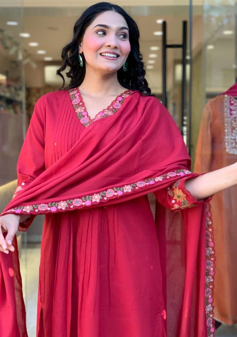 Rani Pink Embroidered Cotton Kurta Set - Indya