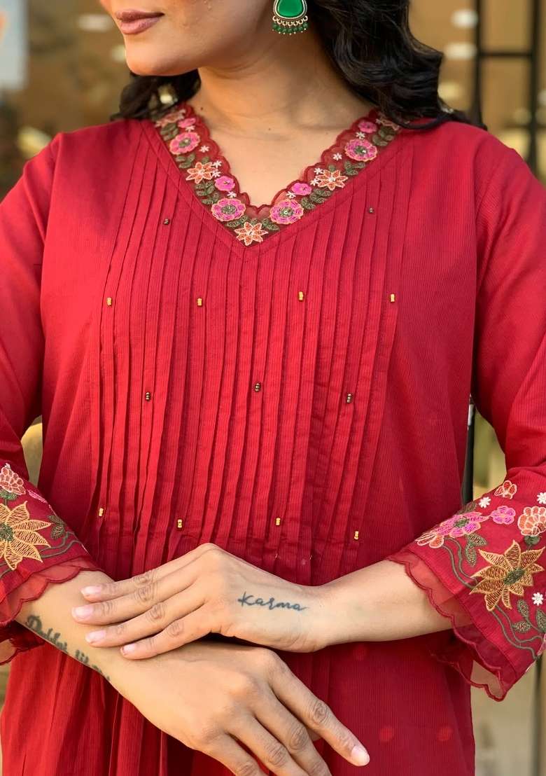 Rani Pink Embroidered Cotton Kurta Set - Indya