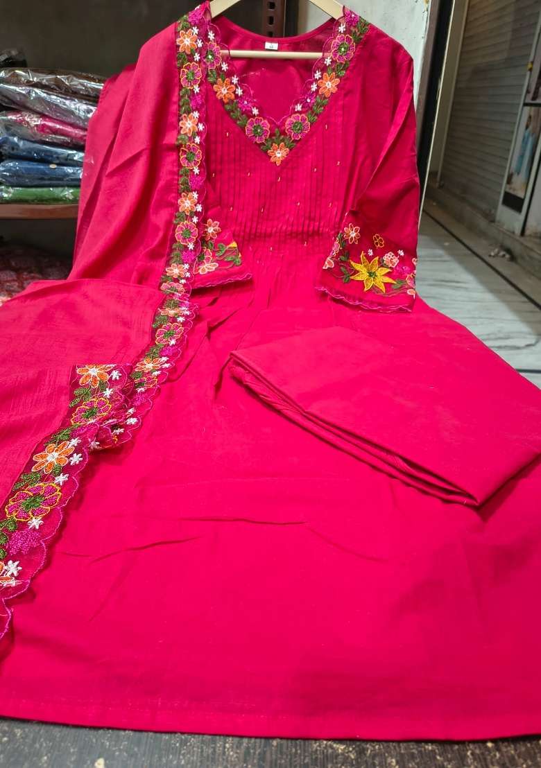 Rani Pink Embroidered Cotton Kurta Set - Indya