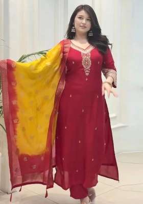 Red Embroidered Silk Blend Kurta Set