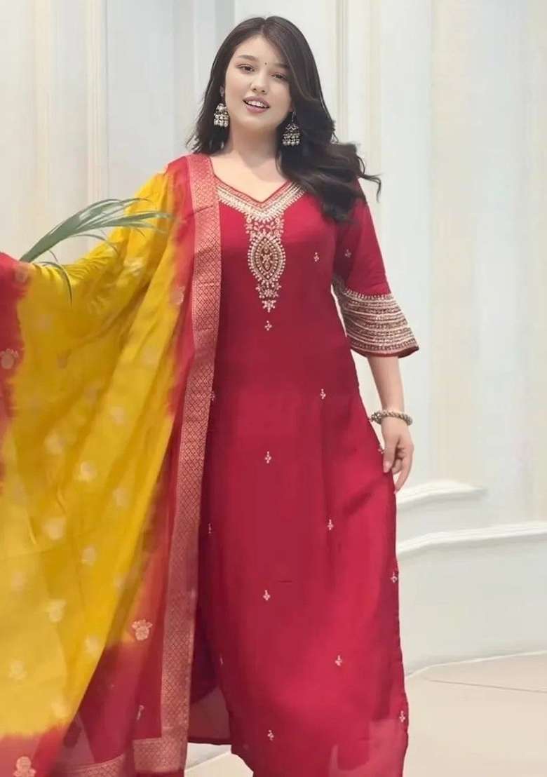 Red Embroidered Silk Blend Kurta Set - Indya
