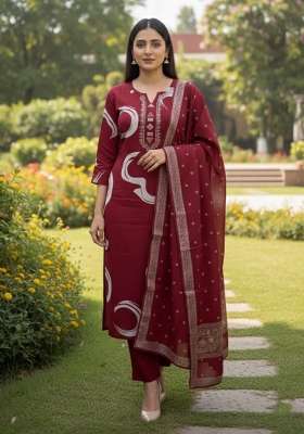 Red Printed Cotton Kurta Set