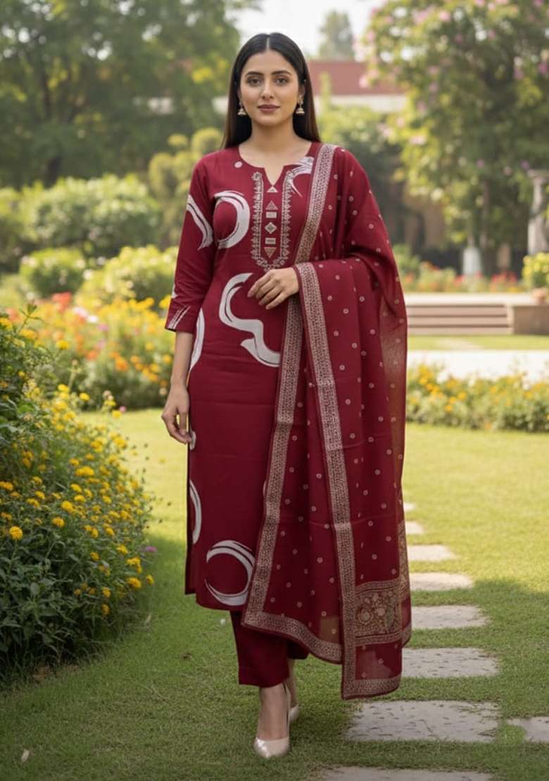 Red Printed Cotton Kurta Set - Indya