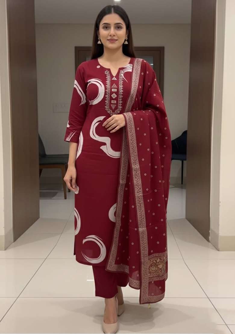 Red Printed Cotton Kurta Set - Indya