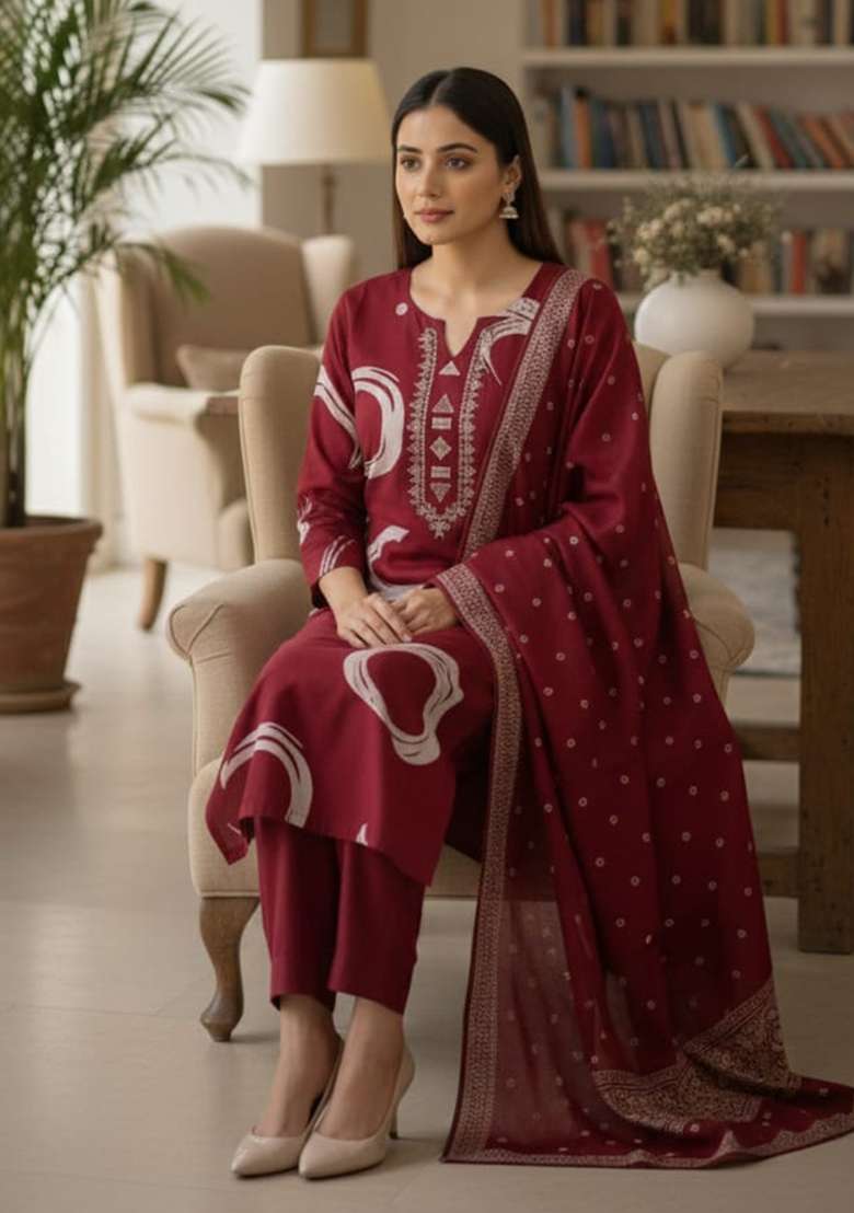 Red Printed Cotton Kurta Set - Indya