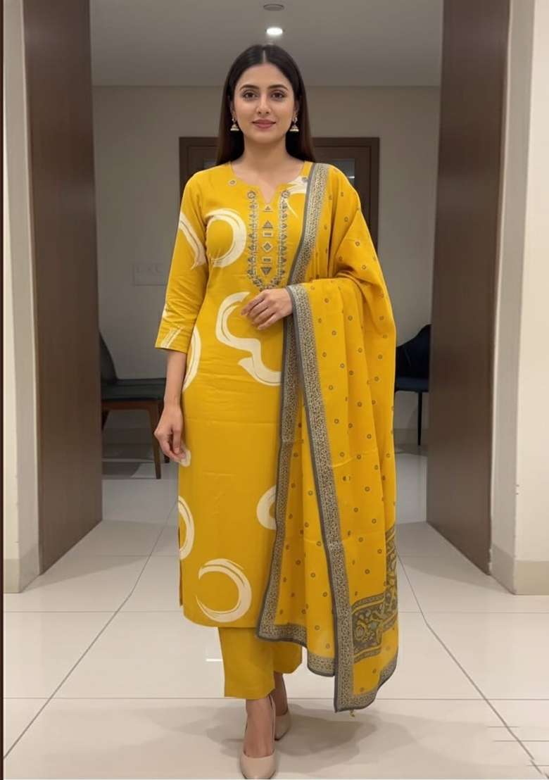 Yellow Printed Cotton Kurta Set - Indya