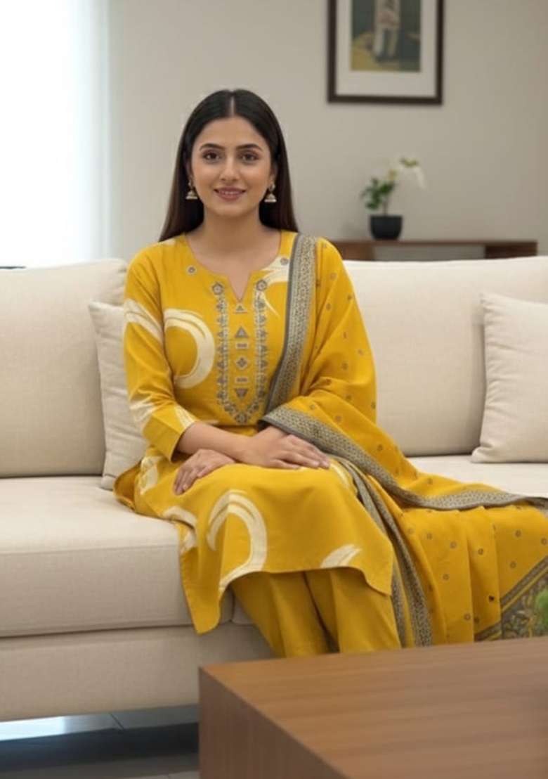 Yellow Printed Cotton Kurta Set - Indya