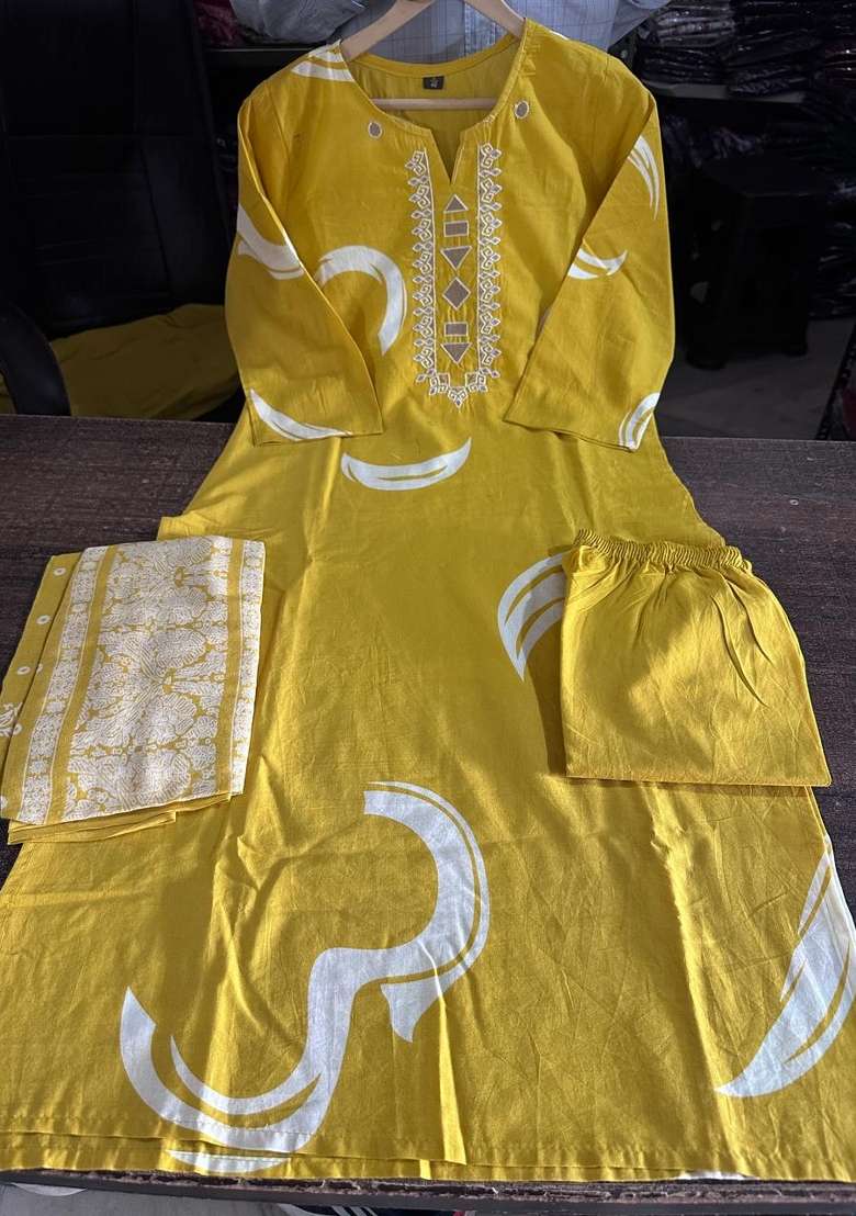 Yellow Printed Cotton Kurta Set - Indya