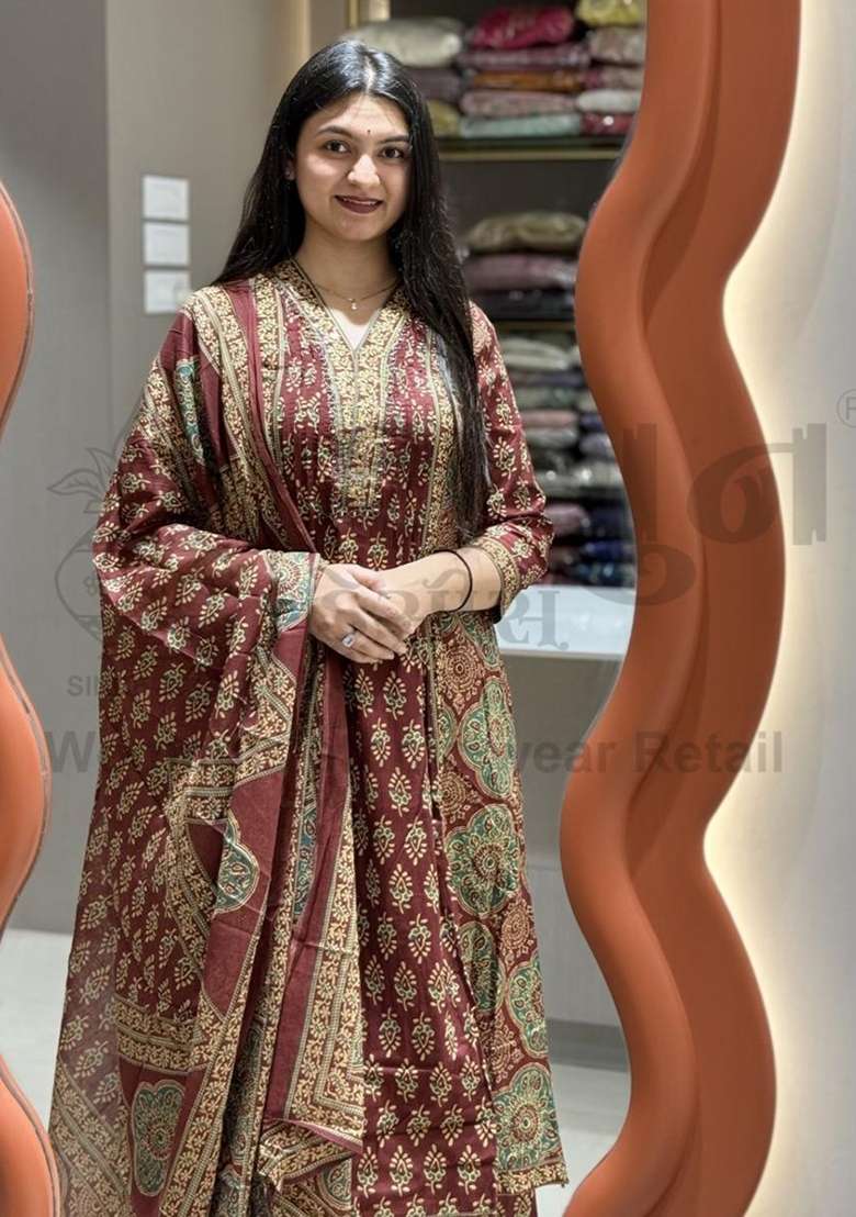 Brown Printed Cotton Kurta Set - Indya