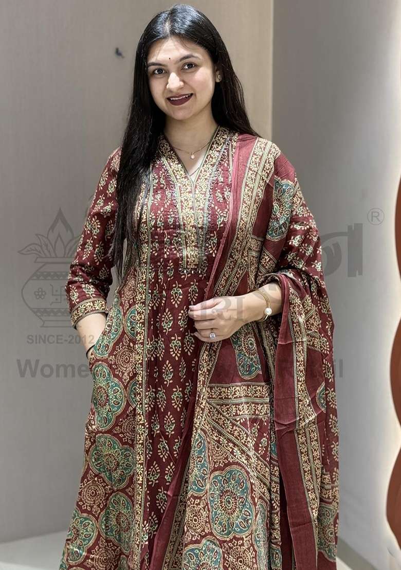 Brown Printed Cotton Kurta Set - Indya