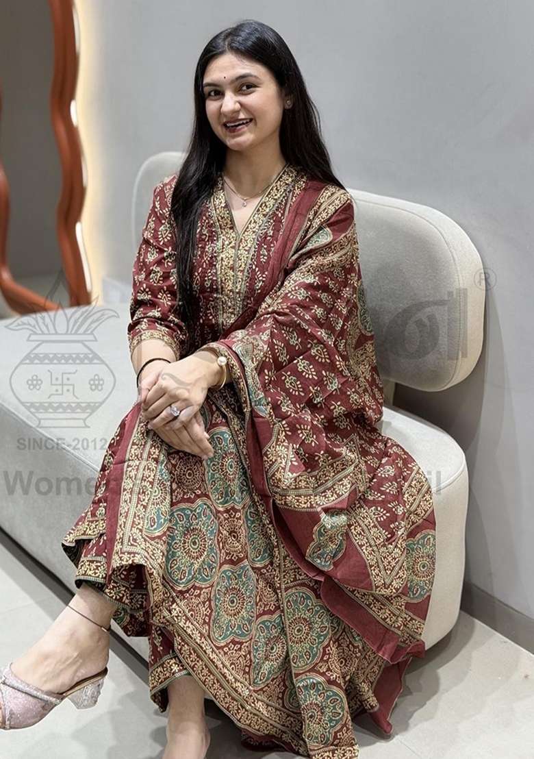 Brown Printed Cotton Kurta Set - Indya