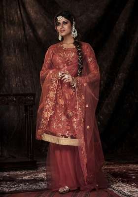 Rust Embroidered Net Kurta Set