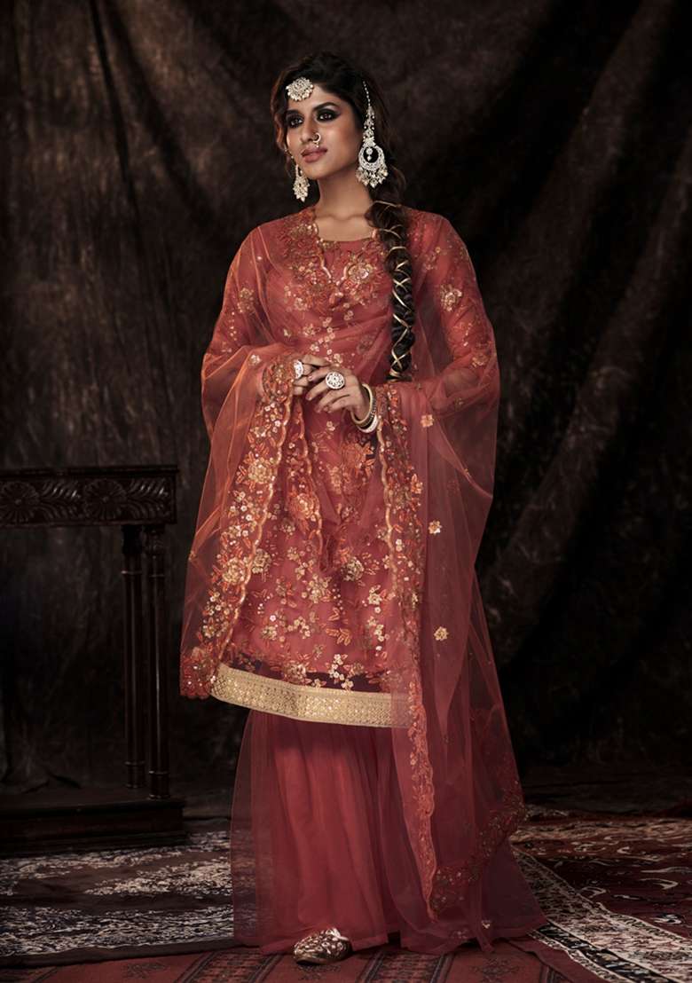 Rust Embroidered Net Kurta Set - Indya