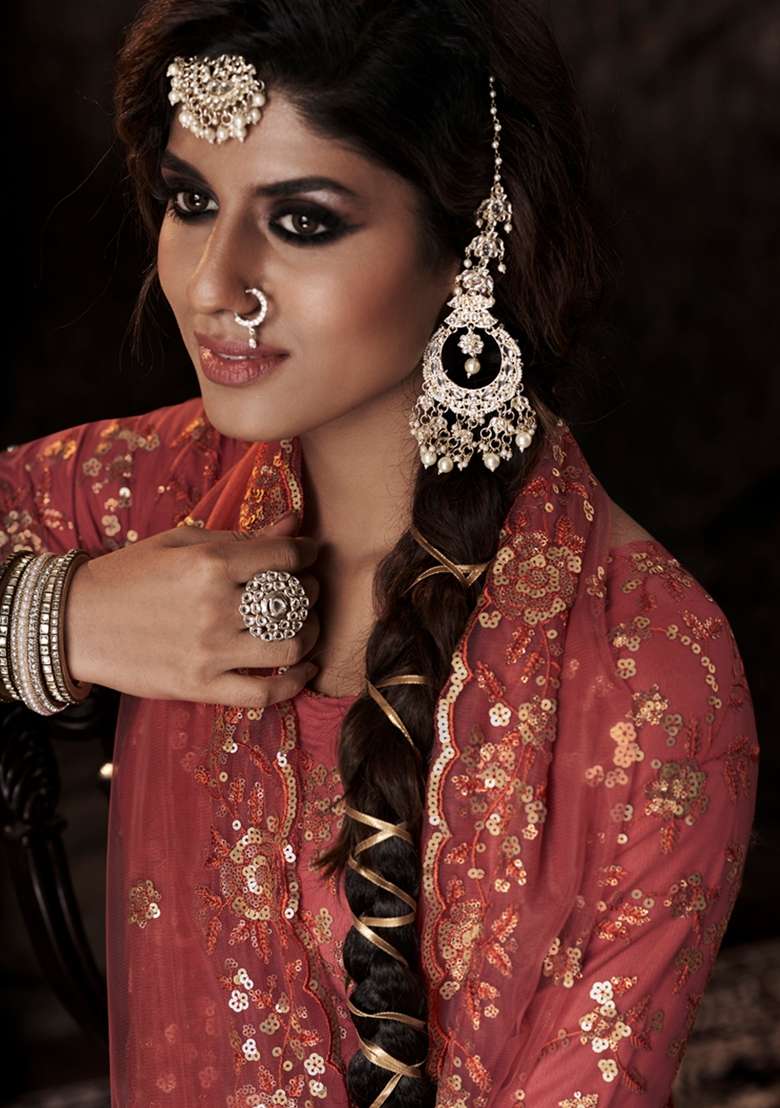 Rust Embroidered Net Kurta Set - Indya