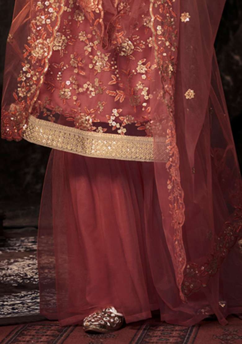 Rust Embroidered Net Kurta Set - Indya