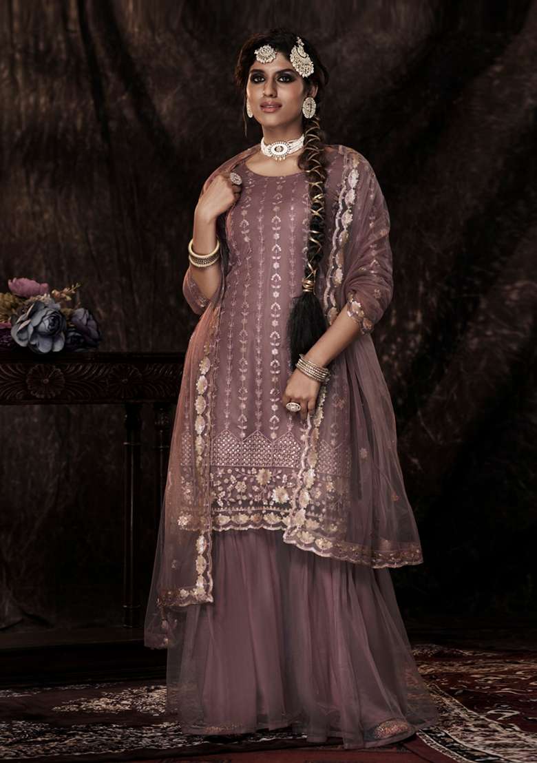 Mauve Embroidered Net Kurta Set - Indya