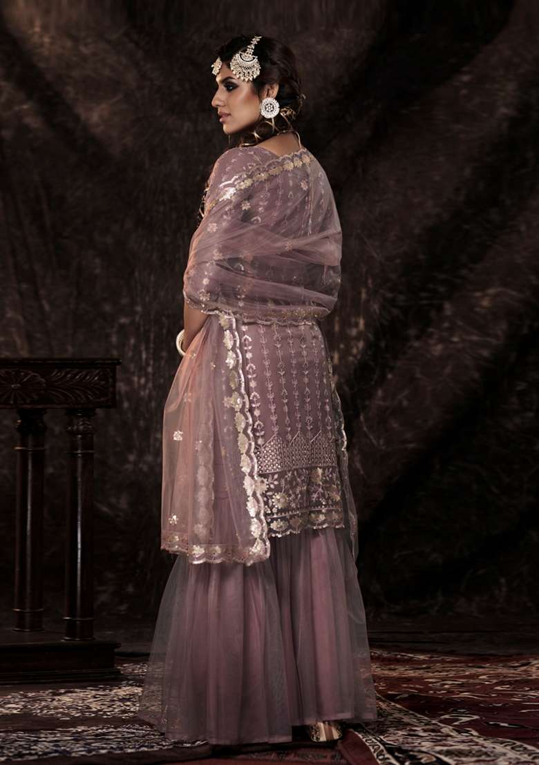 Mauve Embroidered Net Kurta Set - Indya