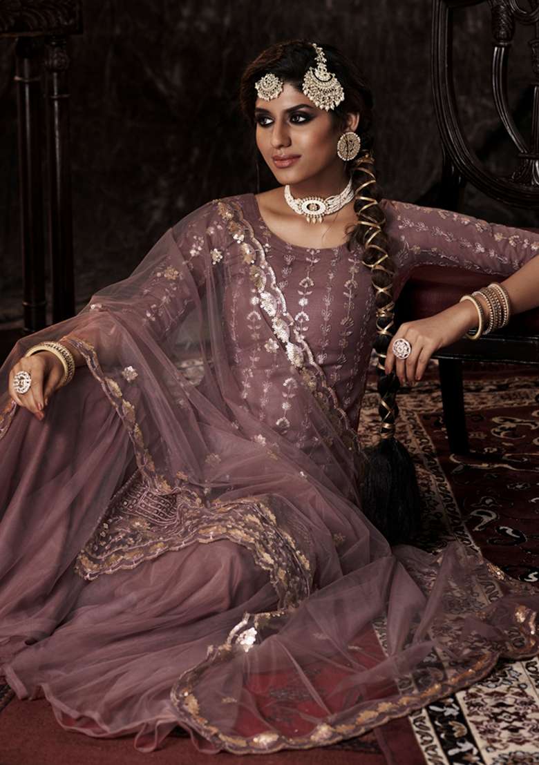 Mauve Embroidered Net Kurta Set - Indya