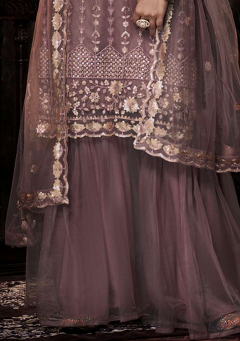 Mauve Embroidered Net Kurta Set - Indya