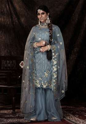 Grey Embroidered Net Kurta Set