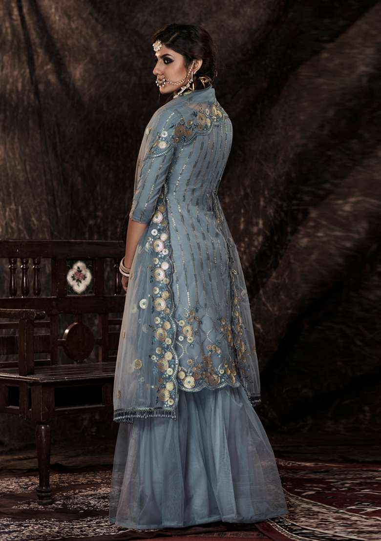 Grey Embroidered Net Kurta Set - Indya