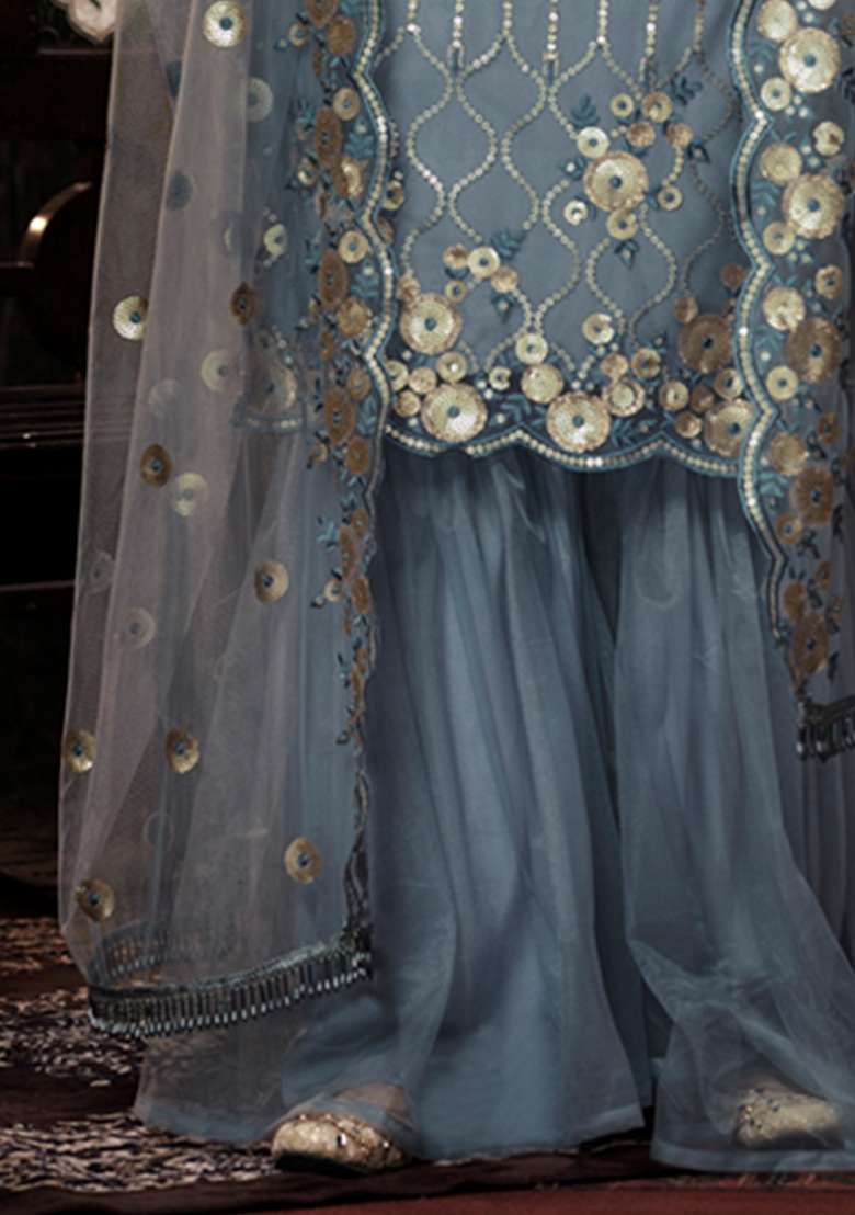 Grey Embroidered Net Kurta Set - Indya