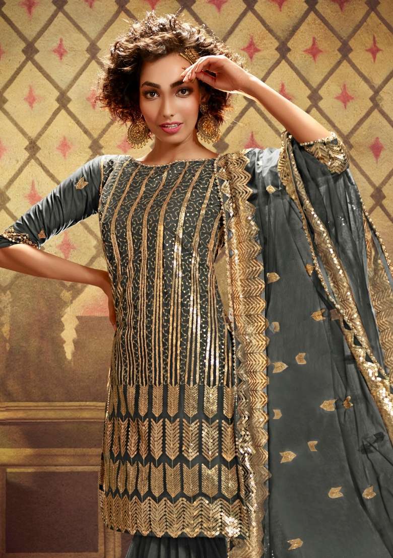 Grey Embroidered Net Kurta Set - Indya