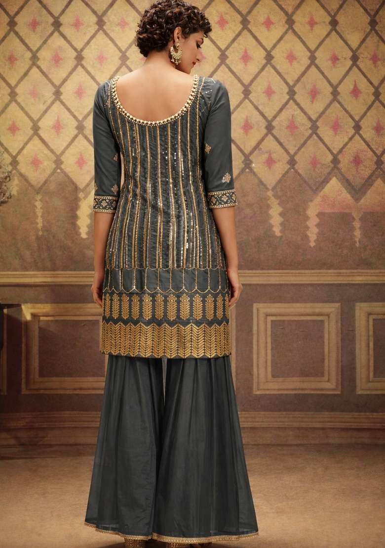 Grey Embroidered Net Kurta Set - Indya