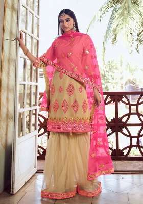 Beige Embroidered Net Kurta Set
