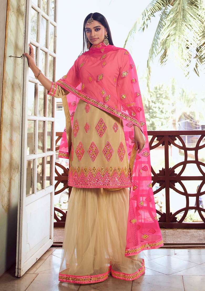 Beige Embroidered Net Kurta Set - Indya