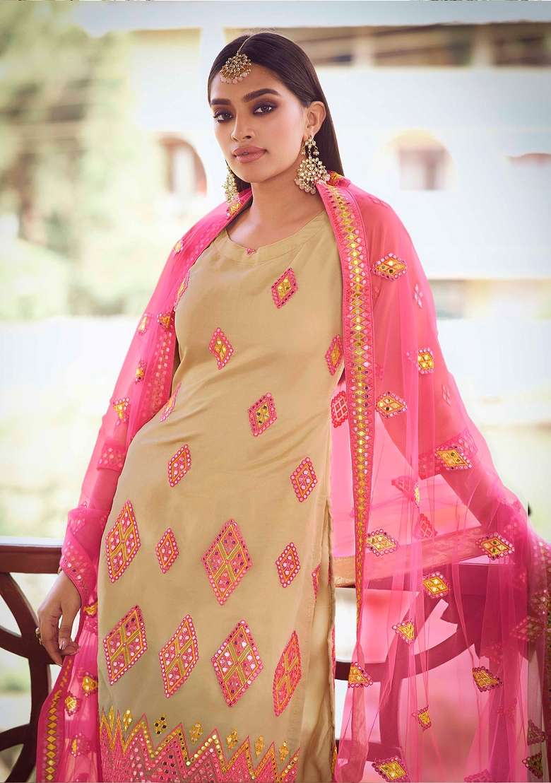 Beige Embroidered Net Kurta Set - Indya