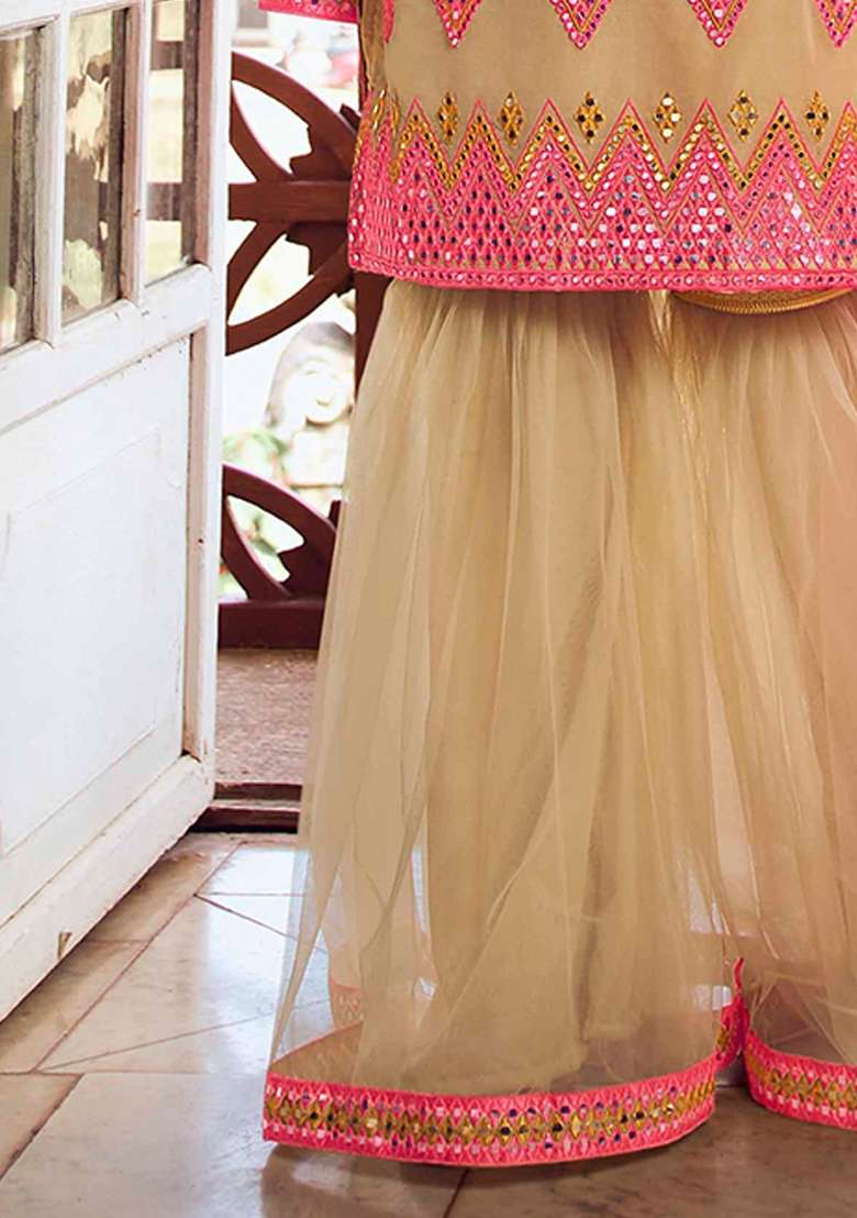 Beige Embroidered Net Kurta Set - Indya
