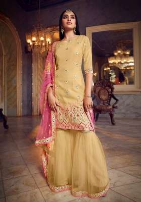 Beige Embroidered Net Kurta Set
