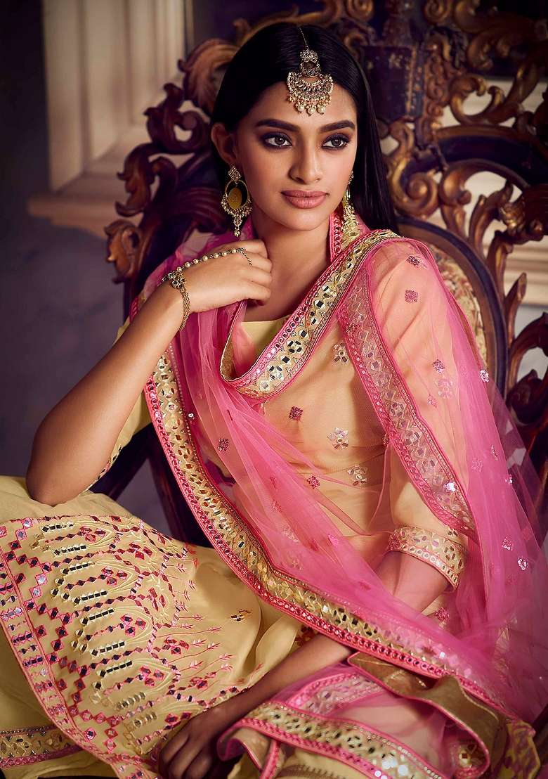 Beige Embroidered Net Kurta Set - Indya