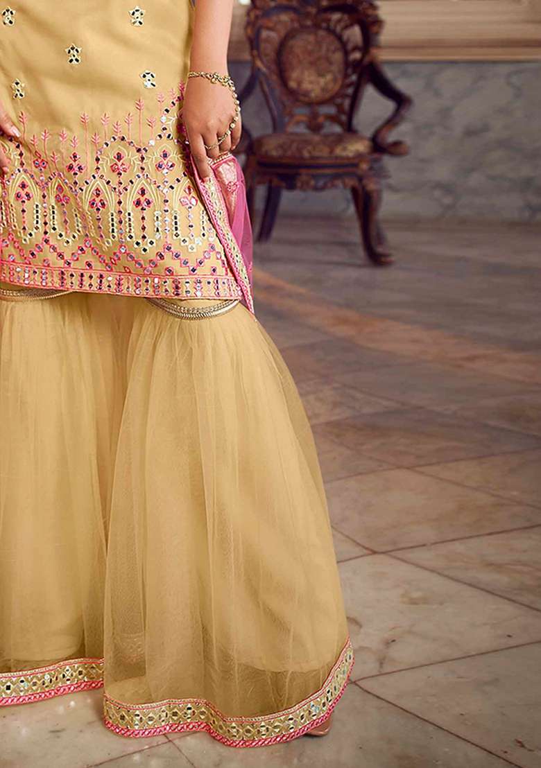Beige Embroidered Net Kurta Set - Indya