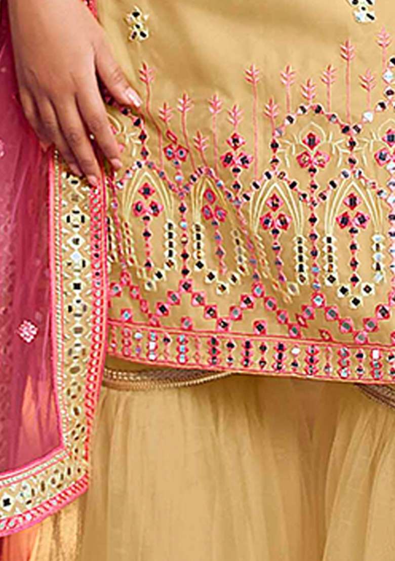 Beige Embroidered Net Kurta Set - Indya