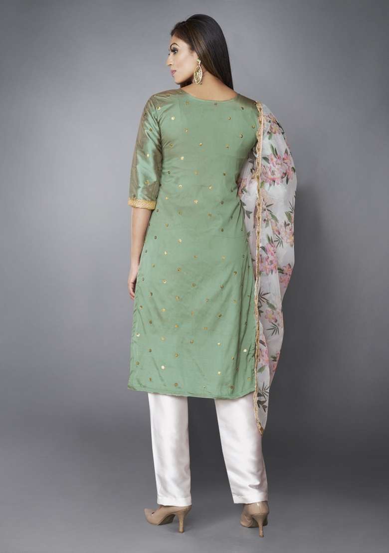 Green Embroidered Silk Blend Kurta Set - Indya