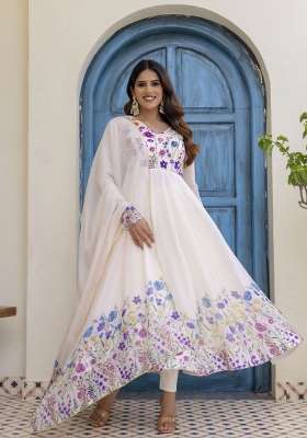 Off White Printed Organza Kurta Set